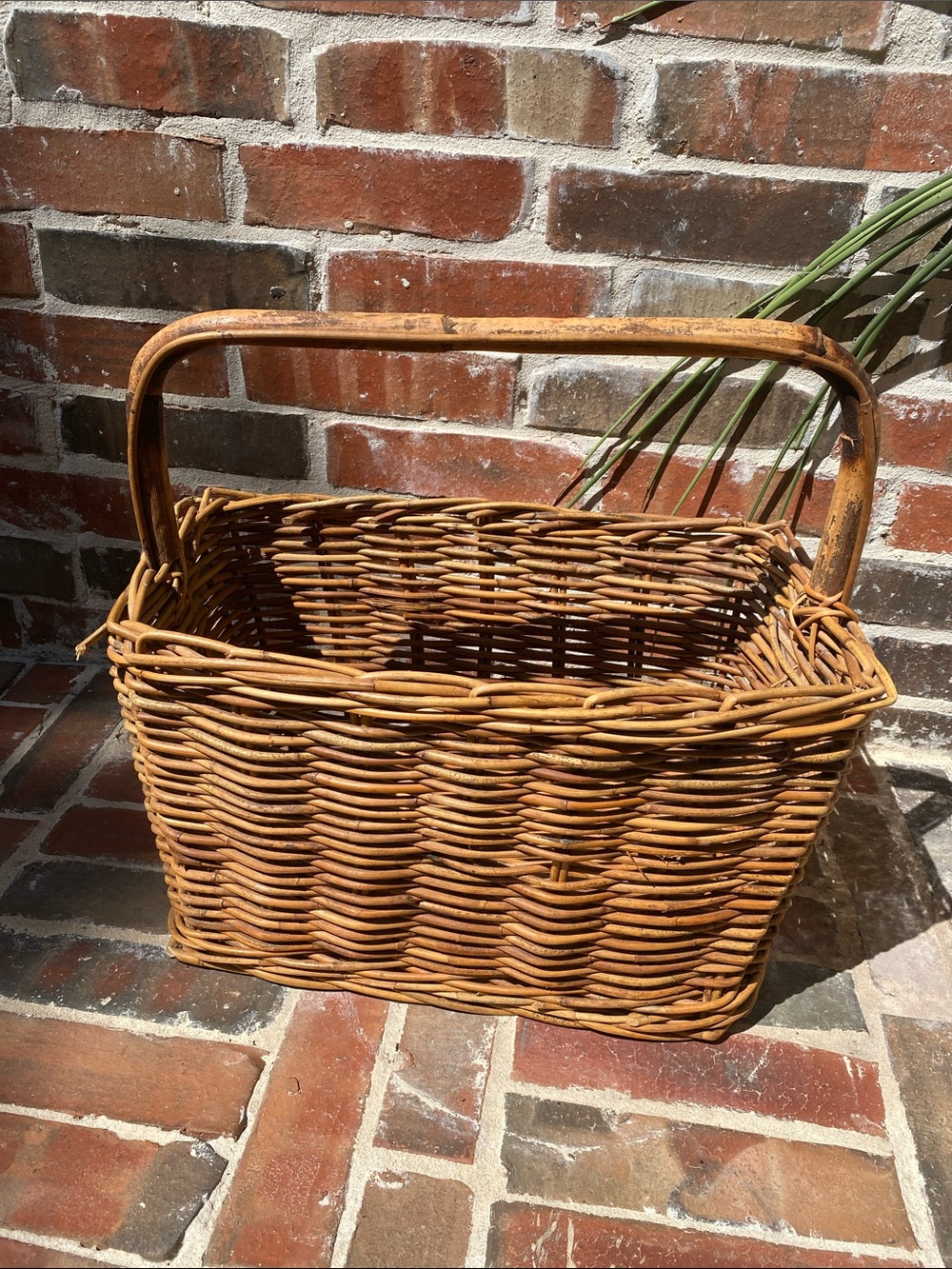 Vintage Woven Rattan Gathering Basket with Bamboo Handle in Natural Brown - Picture 9 of 16